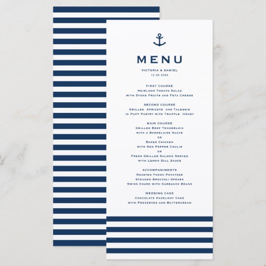 Moderne marineblauw en witte anchor nautical Weddi Menu (Voorkant / Achterkant)