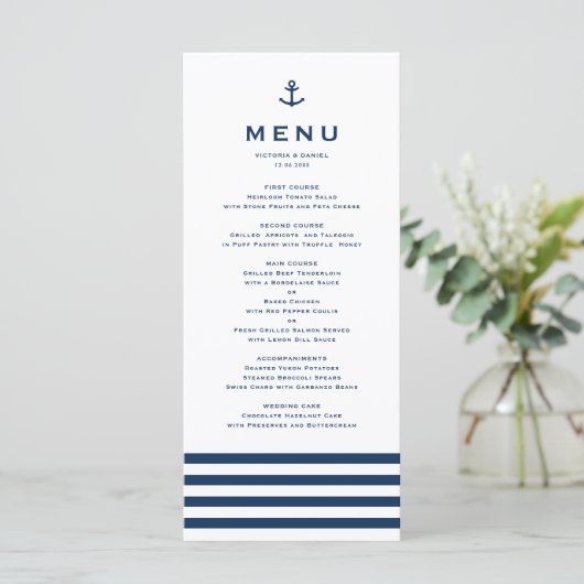 Moderne marineblauw en witte anchor nautical Weddi Menu (Staand voorkant)