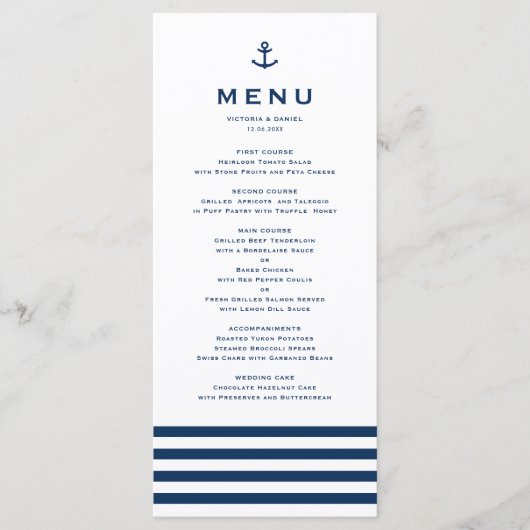 Moderne marineblauw en witte anchor nautical Weddi Menu (Voorkant)