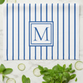 Moderne marineblauw en witte stripmonogram theedoek (Gevouwen)
