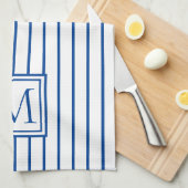 Moderne marineblauw en witte stripmonogram theedoek (Quarter Fold)