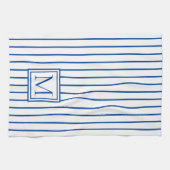Moderne marineblauw en witte stripmonogram theedoek (Horizontaal)