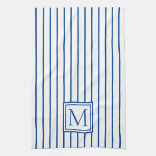 Moderne marineblauw en witte stripmonogram theedoek
