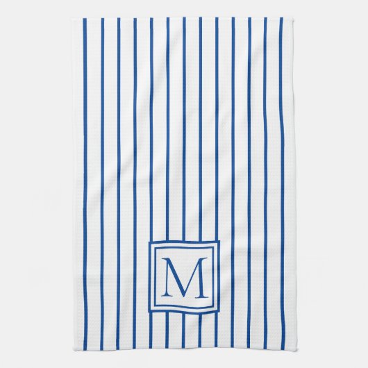 Moderne marineblauw en witte stripmonogram theedoek (Verticaal)