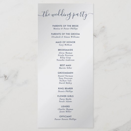 Moderne marineblauw en zilver we wedden programmakaart (Achterkant)