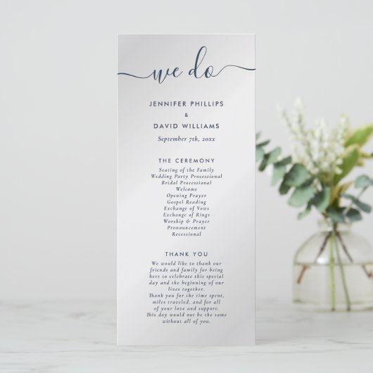 Moderne marineblauw en zilver we wedden programmakaart (Staand voorkant)