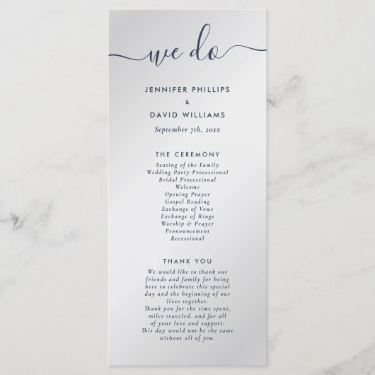 Moderne marineblauw en zilver we wedden programmakaart (Voorkant)