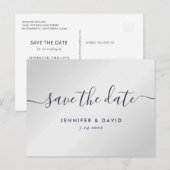 Moderne marineblauw en zilveren bruiloft sparen de aankondigingskaart (Voorkant / Achterkant)