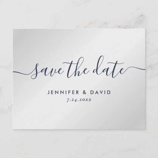Moderne marineblauw en zilveren bruiloft sparen de aankondigingskaart (Voorkant)