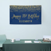 Moderne marineblauw Faux Gold Glitter 16e verjaard Spandoek (Beurs)