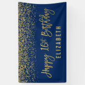 Moderne marineblauw Faux Gold Glitter 16e verjaard Spandoek (Verticaal)