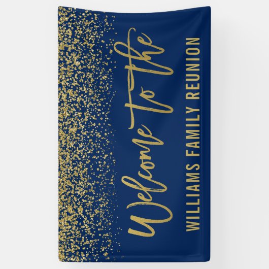 Moderne marineblauw Faux Gold Glitter Reunion Spandoek (Verticaal)