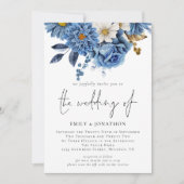 Moderne marineblauw Florals 3 Foto's bruiloft Kaart (Voorkant)