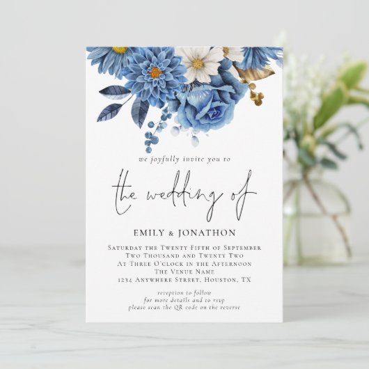 Moderne marineblauw Florals 3 Foto's bruiloft Kaart (Staand voorkant)