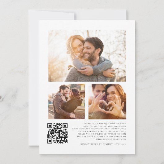 Moderne marineblauw Florals 3 Foto's bruiloft Kaart (Achterkant)