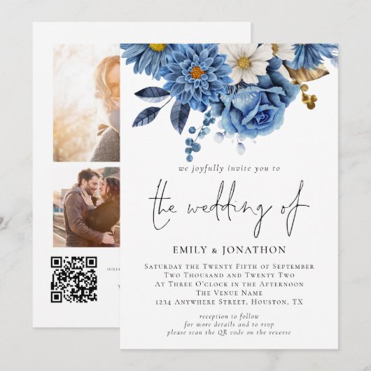 Moderne marineblauw Florals 3 Foto's bruiloft Kaart (Voorkant / Achterkant)