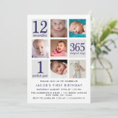 Moderne marineblauw foto eerste verjaardag kaart (Staand voorkant)