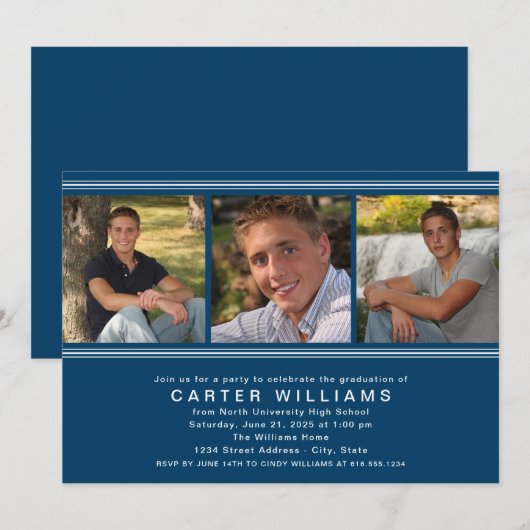 Moderne marineblauw fotocollage GraduPartij Kaart (Voorkant / Achterkant)