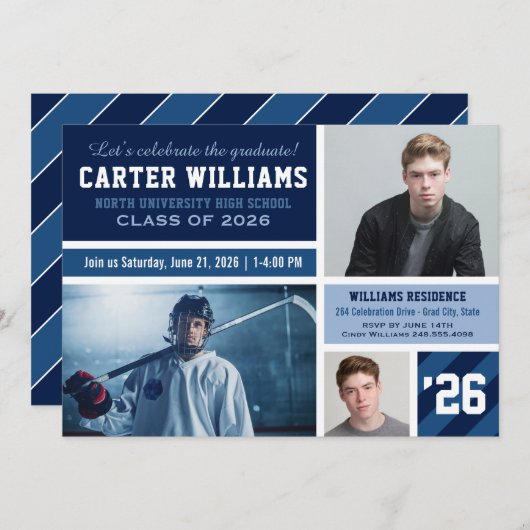 Moderne marineblauw gestreept Afstuderen fotocolla Kaart (Voorkant / Achterkant)