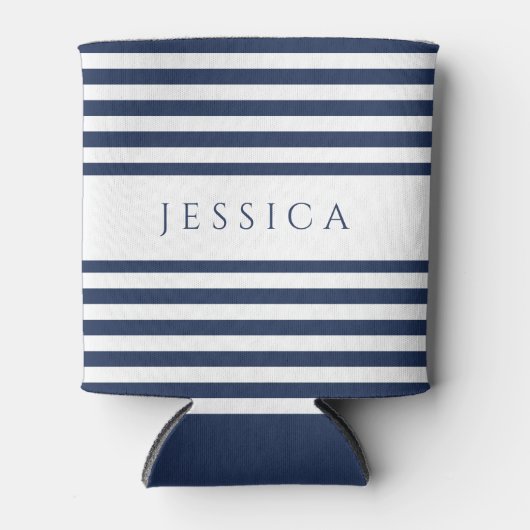 Moderne marineblauw gestreepte aangepaste naam blikjeskoeler (Voorkant)