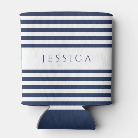 Moderne marineblauw gestreepte aangepaste naam blikjeskoeler (Achterkant)