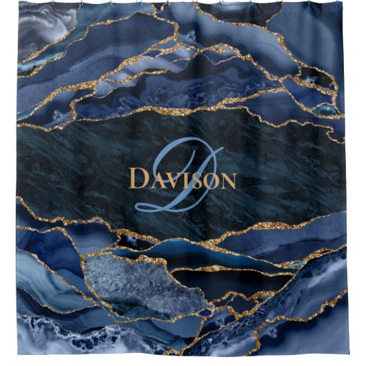 Moderne marineblauw-goudmonogram douchegordijn (Voorkant)