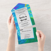 Moderne marineblauw groene golven Abstract huwelij All In One Uitnodiging (Afscheurbaar)