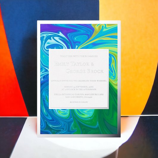 Moderne marineblauw groene golven Abstract huwelij Folie Uitnodiging