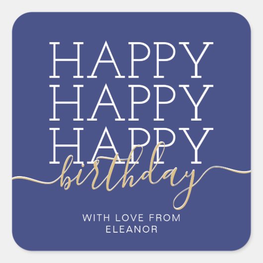 Moderne marineblauw Happy Birthday Vierkante Sticker (Voorkant)