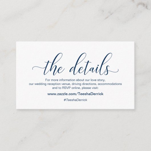 Moderne marineblauw kalligrafie, onze details, web informatiekaartje (Voorkant)