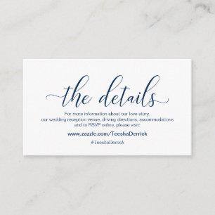 Moderne marineblauw kalligrafie, onze details, web informatiekaartje