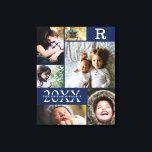 Moderne marineblauw kleurenblokfamilie foto-collag canvas afdruk<br><div class="desc">Modern Navy Blue Color Block Family 6 Fotocollage - met gepersonaliseerde familienaam, jaar en initiaal letter, allemaal gerangschikt in een elegante rasterindeling. Dit moderne en strakke ontwerp toont 6 van uw eigen afbeeldingen prachtig. Verkrijgbaar in verschillende kleuren om elk kamerdecor aan te passen. Maakt een geweldig vakantieaandenken cadeau voor grootouders,...</div>