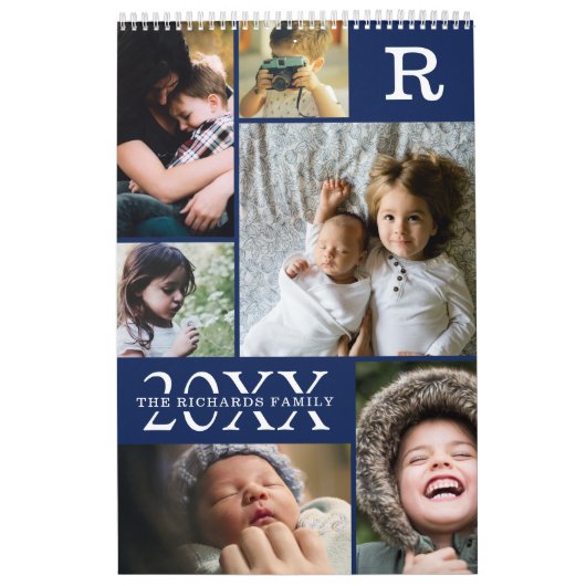 Moderne marineblauw kleurenblokfamilie foto-collag kalender (Hoes)