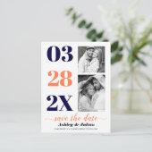 Moderne marineblauw, koraal twee foto Save the Dat Briefkaart (Staand voorkant)