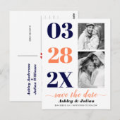 Moderne marineblauw, koraal twee foto Save the Dat Briefkaart (Voorkant / Achterkant)