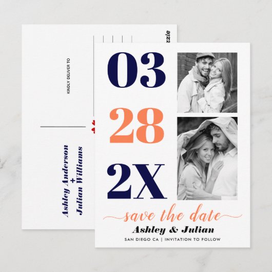 Moderne marineblauw, koraal twee foto Save the Dat Briefkaart (Voorkant / Achterkant)