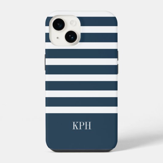 Moderne marineblauw met witte streep met monogram iPhone hoesje (Achterkant)