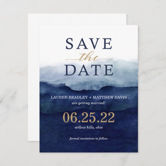 Moderne marineblauw ombre Waterverf sparen de Datu Save The Date (Voorkant / Achterkant)