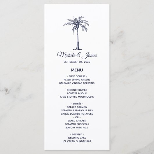 Moderne marineblauw palmboom tropisch strand huwel menu (Voorkant)