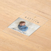 Moderne marineblauw Religieuze Kruisjongen Baptism Acryl Uitnodigingen (Laagn)