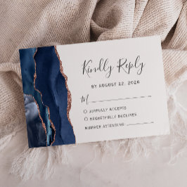 Moderne marineblauw Roos Gold Agate Wedding RSVP Kaartje