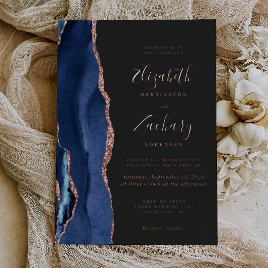 Moderne marineblauw Roos goudbruistoezegging Folie Uitnodiging