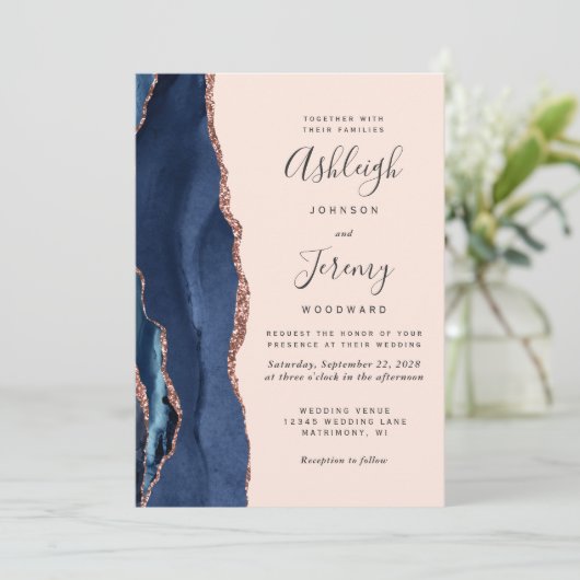 Moderne marineblauw Roos gouden bruidsbruiloft Kaart (Staand voorkant)