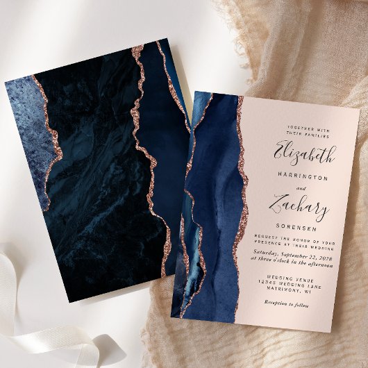 Moderne marineblauw Roos gouden bruidsbruiloft Kaart