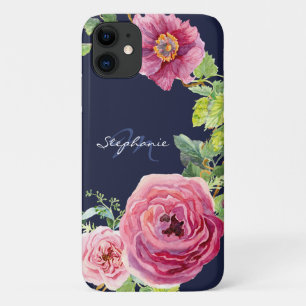 Moderne marineblauw roze pony Roos Floral Waterver Case-Mate iPhone Case