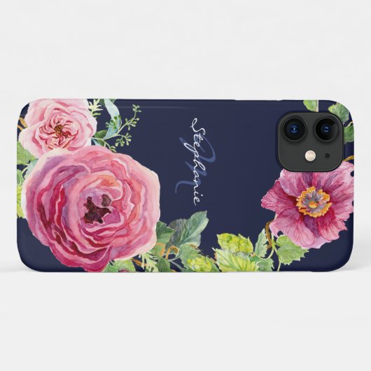 Moderne marineblauw roze pony Roos Floral Waterver Case-Mate iPhone Case (Achterkant (horizontaal))