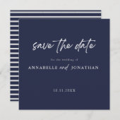 Moderne marineblauw-typografie hedendaags huwelijk save the date (Voorkant / Achterkant)