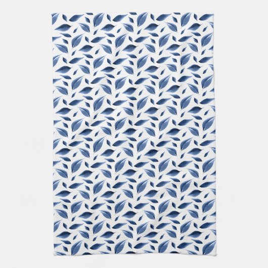 Moderne marineblauw Waterverf laat patroonpatroon  Theedoek (Verticaal)