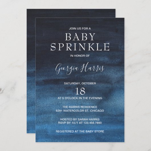 Moderne marineblauw Waterverf was Baby Kaart (Voorkant / Achterkant)