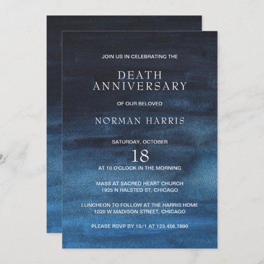 Moderne marineblauw Waterverf was Jubileum dood  Kaart (Voorkant / Achterkant)